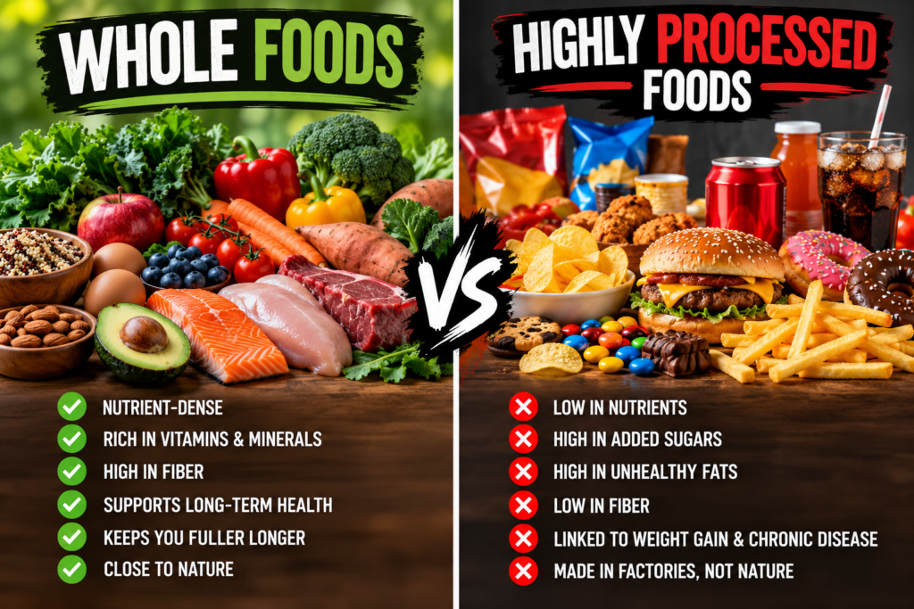 Whole foods and highly processed foods.