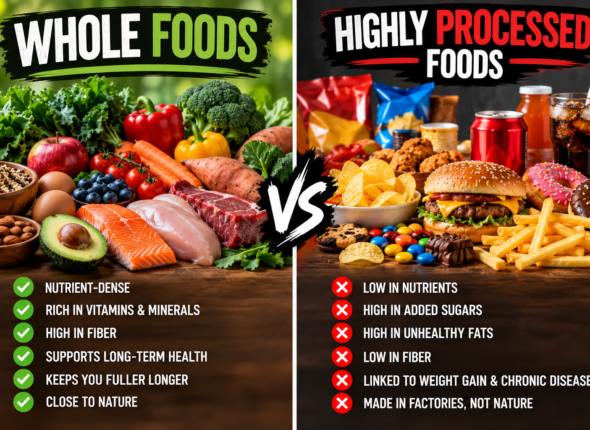 Whole foods and highly processed foods.